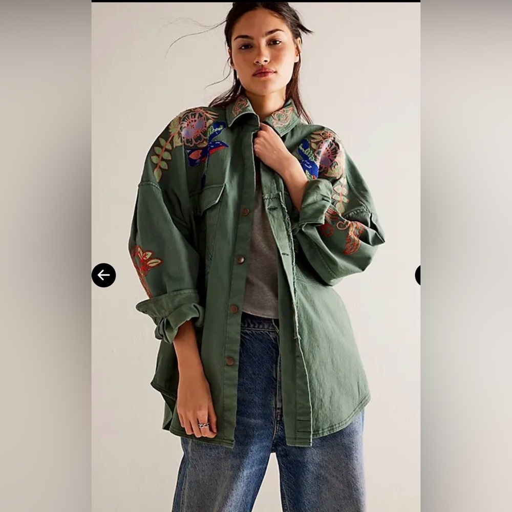 We The Free Green Embroidered Button Down Shirt